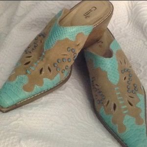 Turquoise and tan mules size 8
